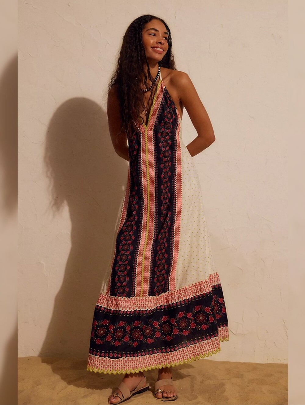 Free People Serene Halter‎ Maxi Dress Ivory Combo Women's Size Medium